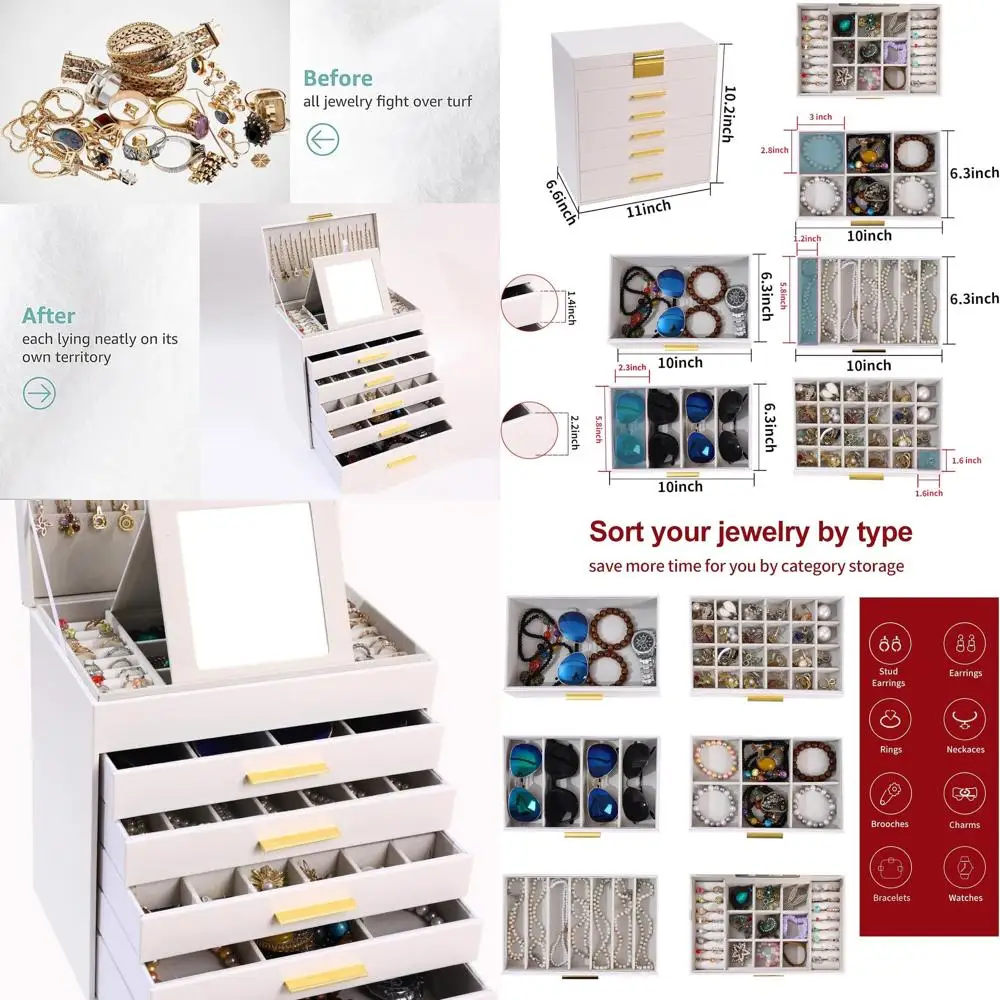 

6-уровневая женская шкатулка для драгоценностей с 5 ящиками — большое хранилище для серег, ожерелий (белая)