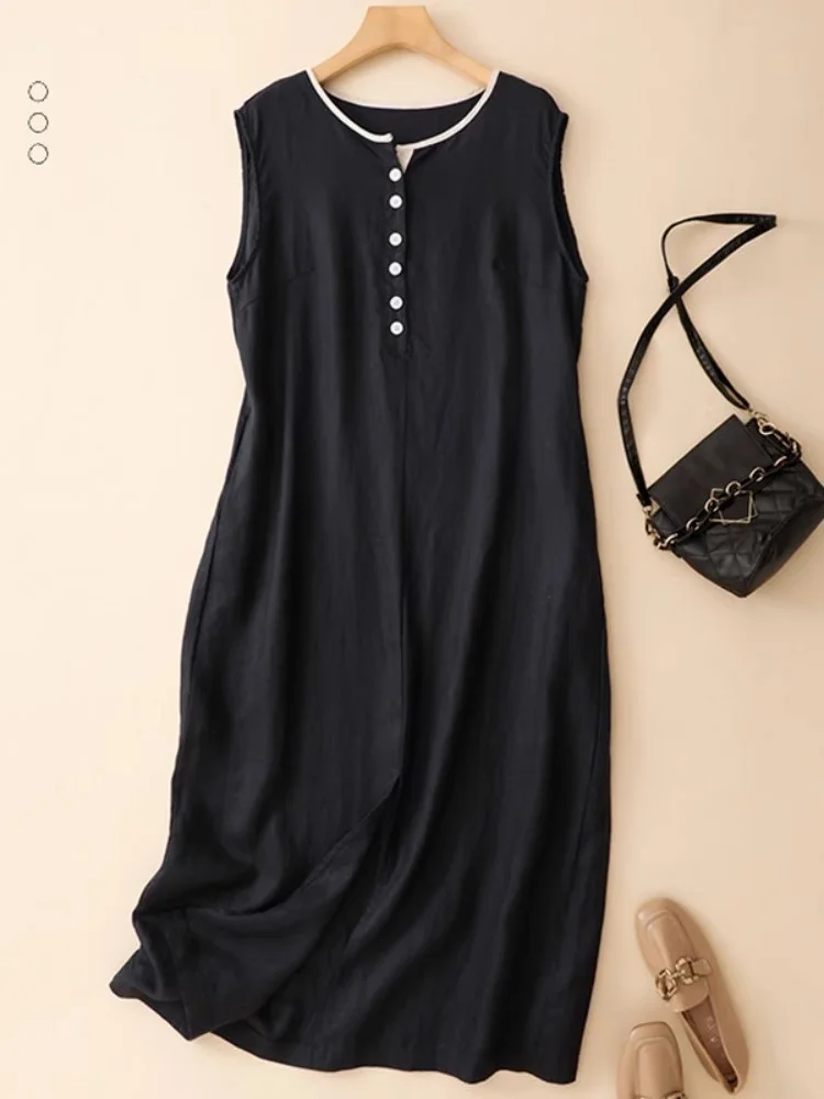 النمط الفني سترة كتان عادية فستان للنساء الصيف الراقية مزاجه اللون منعت الجولة الرقبة بلا أكمام Ddress W388