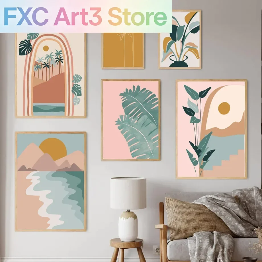 1pc frameless,Mountain River Sun Green Plant Flower Leaf Abstract Posters Prints Canvas Painting Boho Wall Art Pictures for Livi