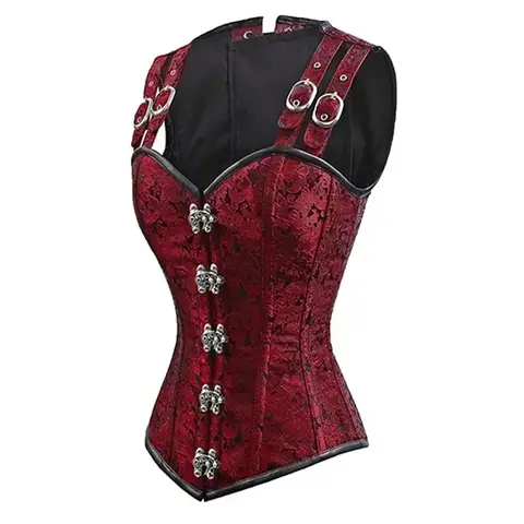 Corsé Steampunk negro y rojo con tirantes para los hombros, corpiño por encima del busto, corsé Vintage de Jacquard, disfraz de pirata Basques