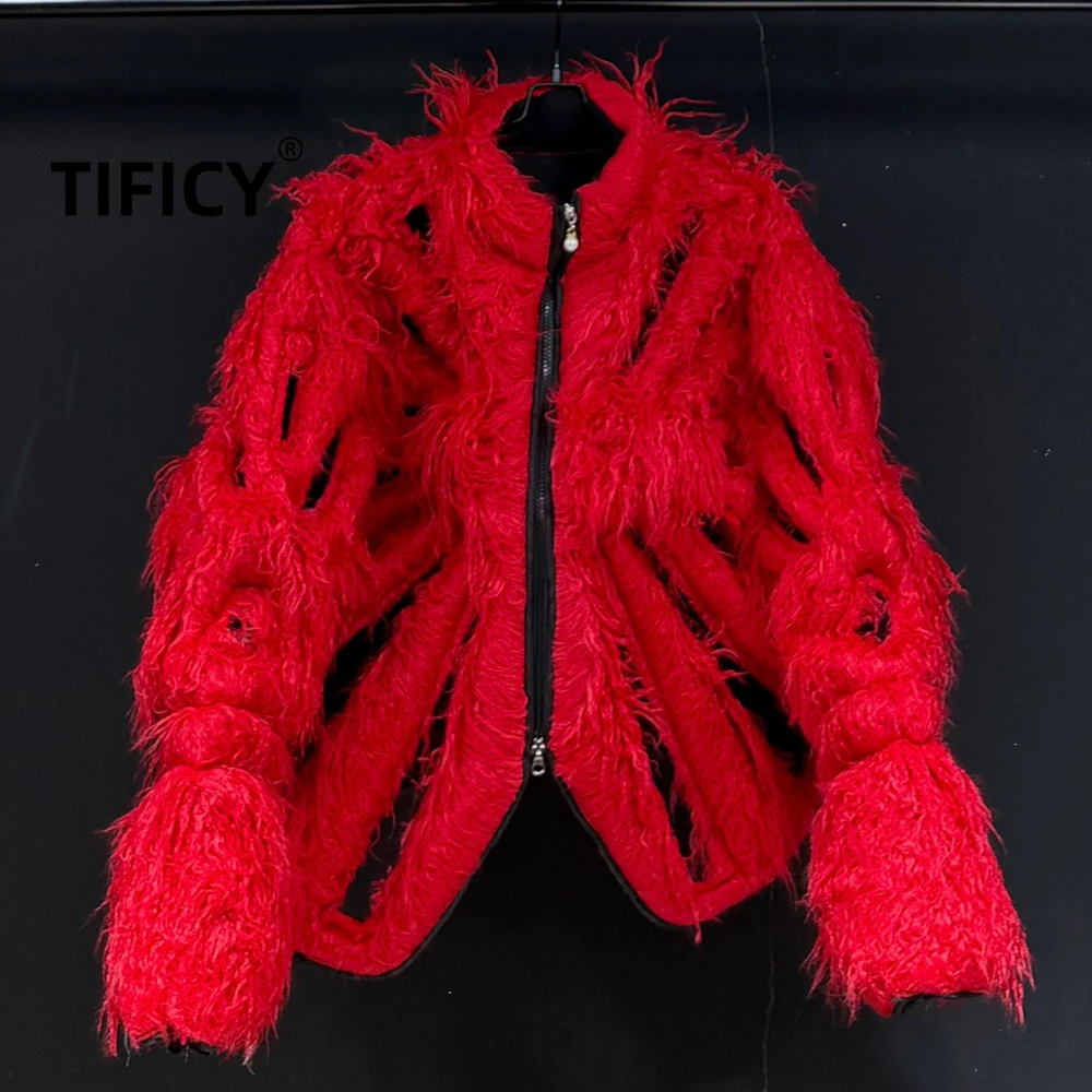 High Street Jackets Men's Retro Leopard Print Style Heavy Industry Hollowed Out Red Fur Loose Hooded Plush Jacket