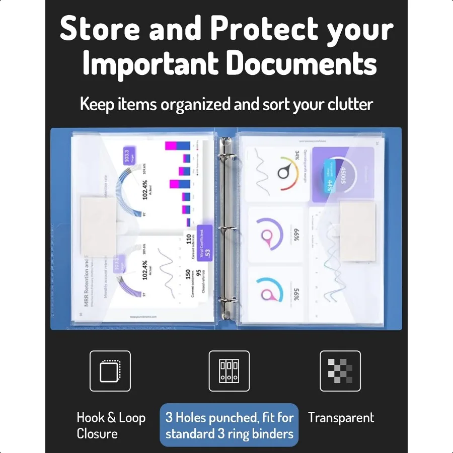 Tasca per raccoglitore Confezione da 24 tasche per raccoglitore in polietilene pesante con chiusura stretta Cartelle per raccoglitore Carico laterale Tasca per raccoglitore a 3 anelli