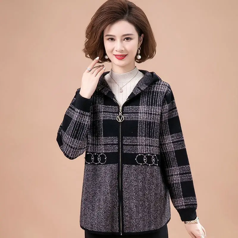 Middle Aged Mother Imitation Mink Velvet Plaid Coat Winter Thick Hooded Knitted Sweater Women Large Size Zipper Cardigan Jacket