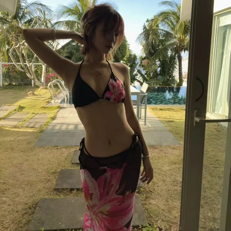 Tropical Pink Lily Print Halter Bikini Three Piece Set Women Side Tie Mesh Long Cover Up Skirt Beach Swimsuit