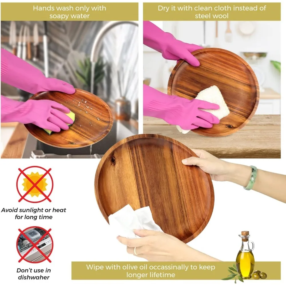 20/25 سنتيمتر خشب السنط صينية عشاء خشبية مستديرة سهلة التنظيف ، صينية سلطة البيتزا صينية حلوى الفاكهة ، صينية الوجبات الخفيفة ، قابلة للتكديس ، قابلة لإعادة الاستخدام #5