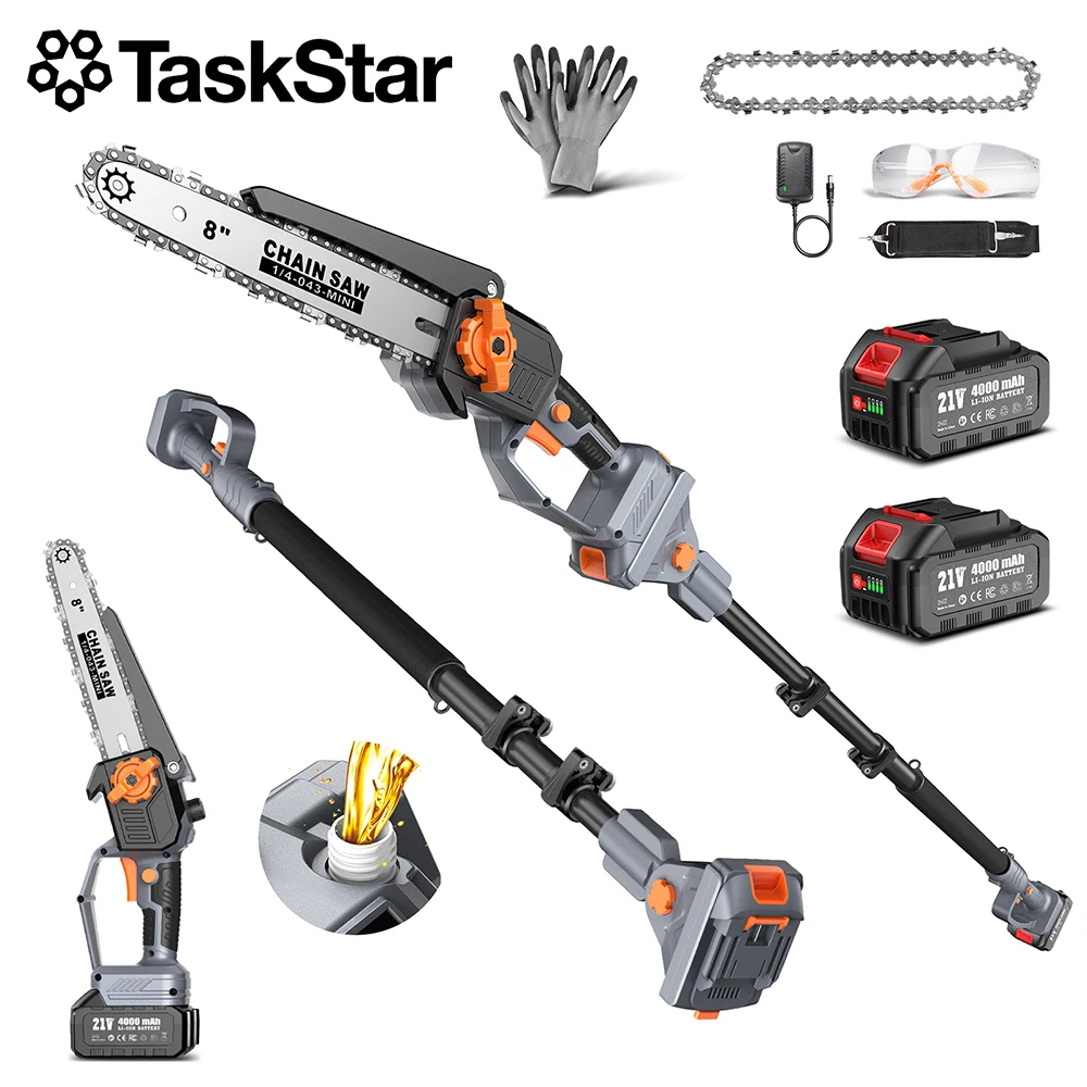 TaskStar 2-in-1 Pole Saw for Tree Trimming 8 Inches Cordless Brushless Chainsaw Auto Oiling Garden Electric Saw with Adjustable Extension Pole, 15 Ft Max Reach, 2×4.0Ah Rechargeable Batteries&Charger