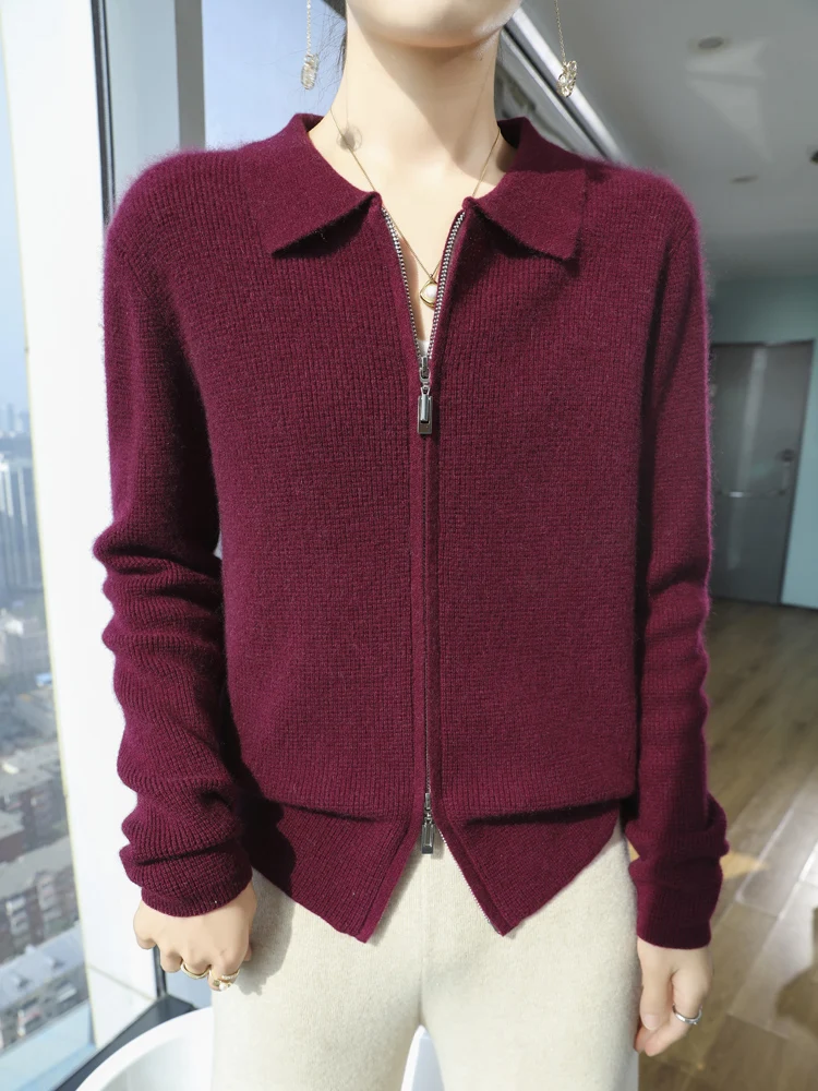 

Autumn Winter Women's Wool Sweater Polo Collar Zipper Cardigan Thick Long Sleeve 30% Cashmere And 70% Merino Wool Knitwear Tops