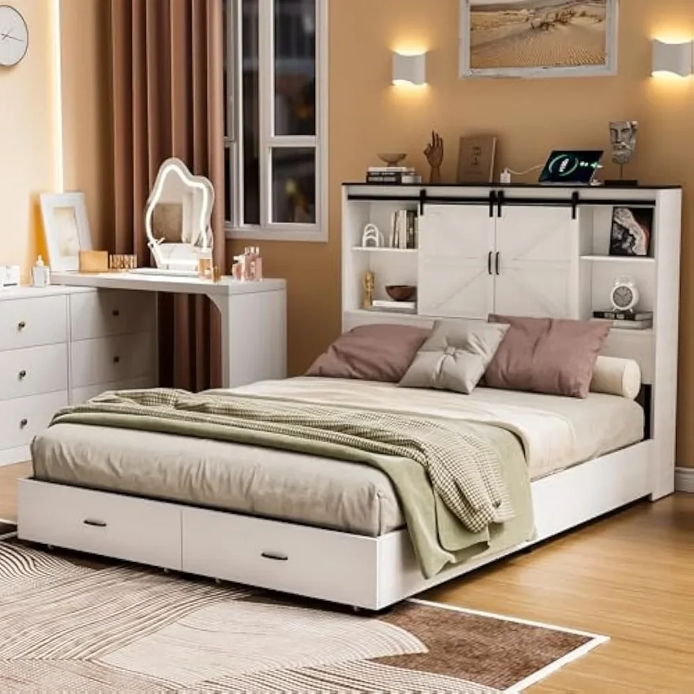 

Farmhouse Queen Size Bed Frame With Storage Bookcase Headboard With Sliding Barn Door, White Platform Bed W/Charging
