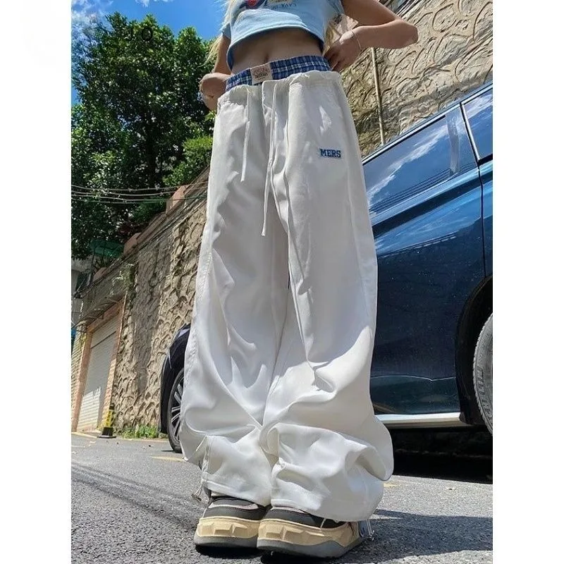 

Korean Fashion Plaid Patchwork Fake Two Piece Casual Pants for Women American Retro Sports Pants Trend Female Clothing