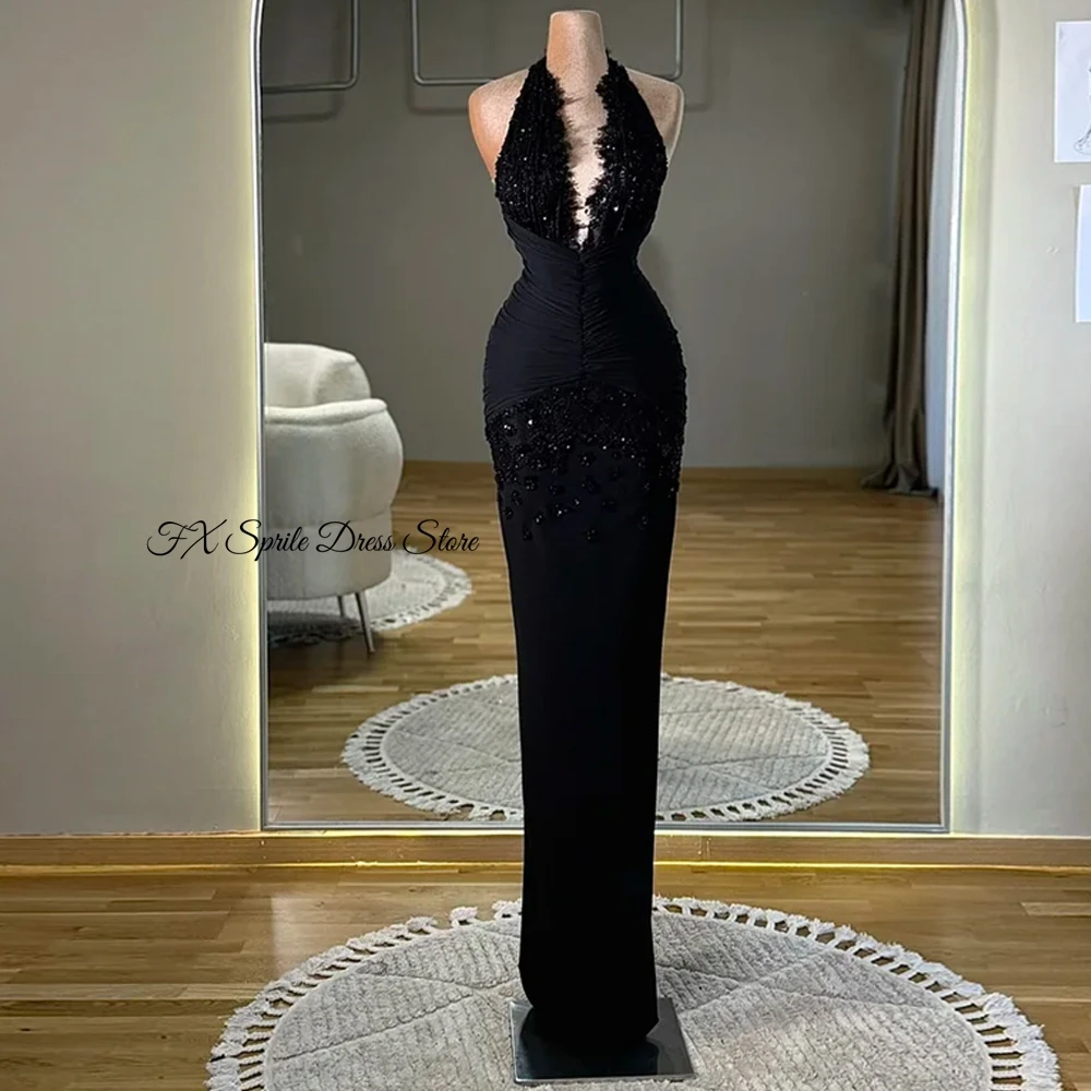 Sexy Black Jersey Evening Dress Customized Charming Halter Sleeveless Homecoming Dresses Luxury Beading Special Occasion Gowns image 3