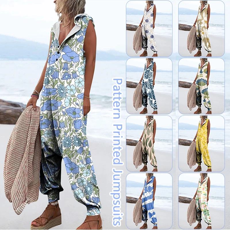 

Women Summer Casual Fashion Baggy Pants Jumpsuits Button Sleeveless Hooded Rompers Beach Loose Playsuit Overalls