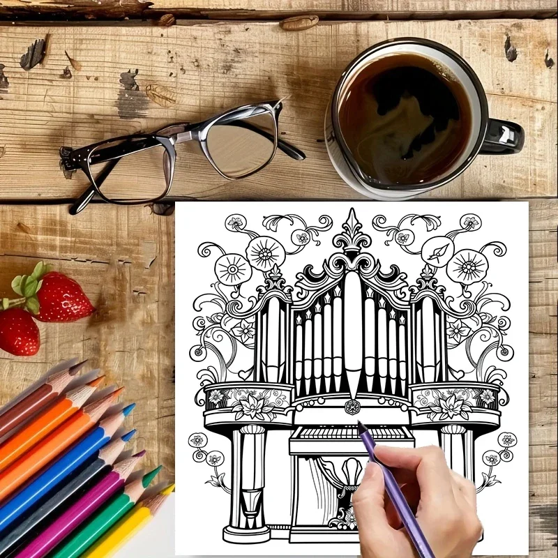 大人のための楽器テーマ塗り絵 |   28ページの塗り絵、クリスマスや感謝祭のための画材