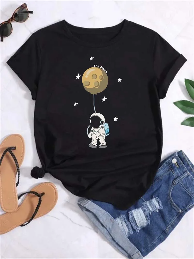 Maycaur T Shirt Women Moon Planet Print Fashion Tee Shirts Casual Round Neck Short Sleeve Streetwear Female T-Shirt Vintage Tops