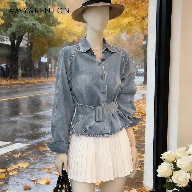

2026 Spring New Temperament Lapel Women's Denim Shirt Original Design Long Sleeve Slimming Versatile Short Coat Shirts Ladies