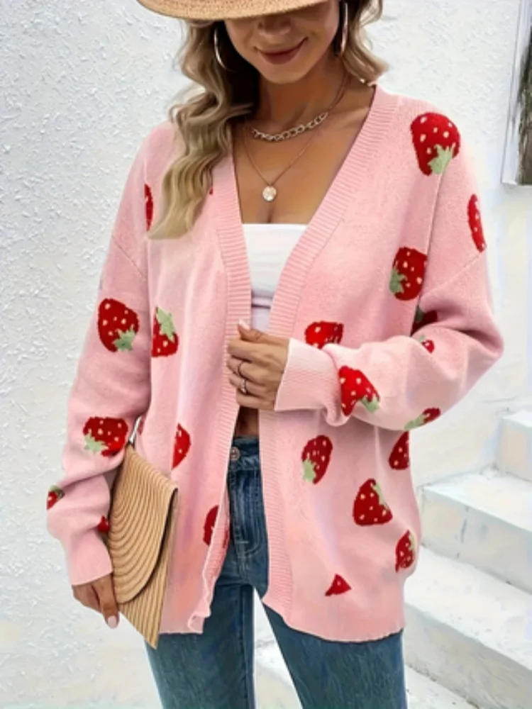 New Women\'s Sweater Coat Knitted Cardigan Pink Strawberries Loose Cover Up Comfortable Open Front Ladies Mid-long Sweaters