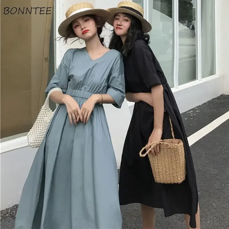 Dresses Women Solid Folds Designed Elegant Classics Delicate Cozy Spring Simple Korean Style All-match Charming Ladies Basics