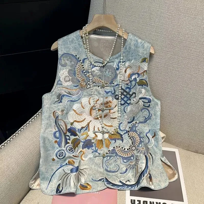 

New Heavy-duty Embroidery Vest Chinese Style Round Neck Frog Button Women Camisole Waistcoat
