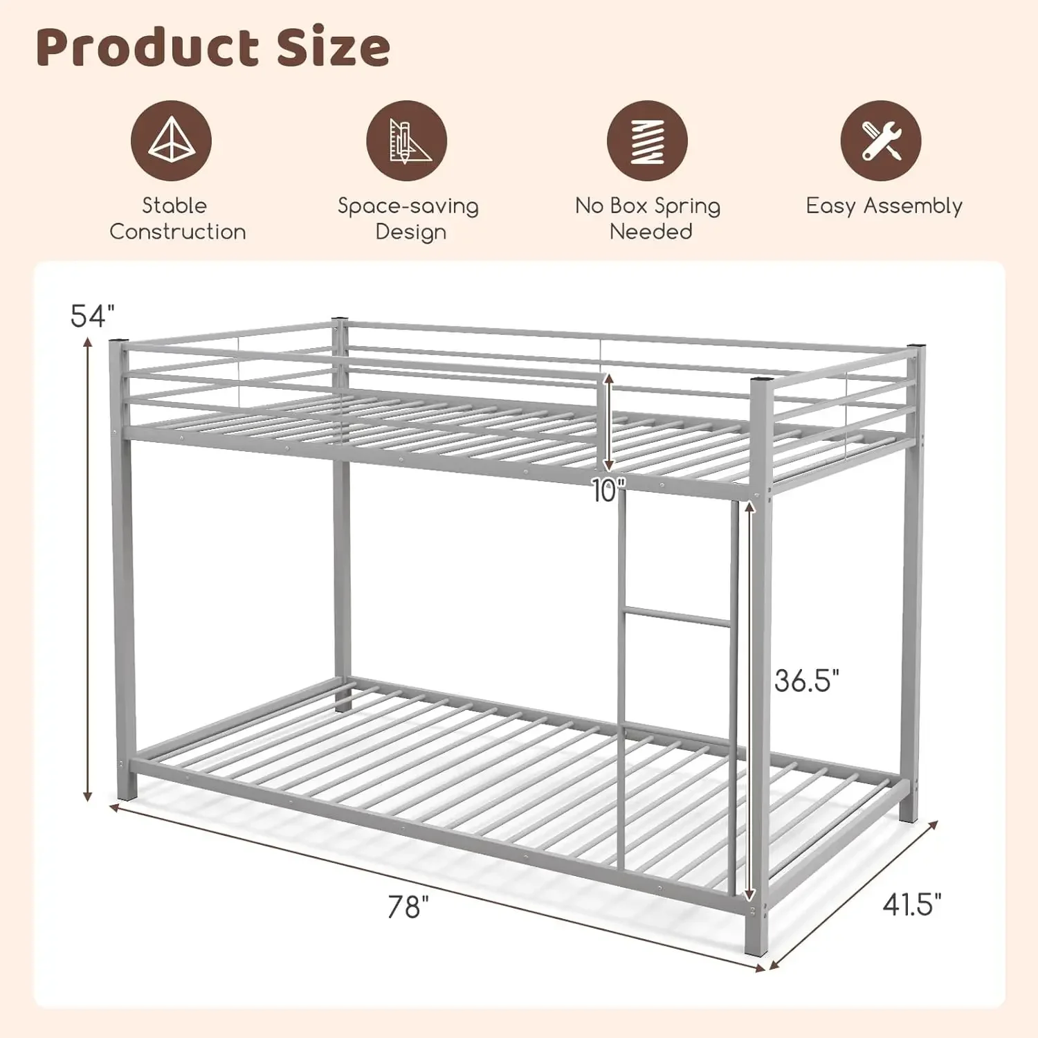 Twin Over Twin Metal Bunk Beds, Heavy Duty Bed Frame with Safety Guard Rail & Ladder, Low Floor Bunk Bed for Boys Girls