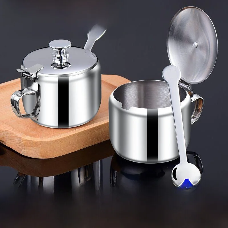 Dispensador de salsa picante de acero inoxidable con asa y cuchara, contenedor de almacenamiento para cocina, estilo chino, forma hexagonal, no metálico