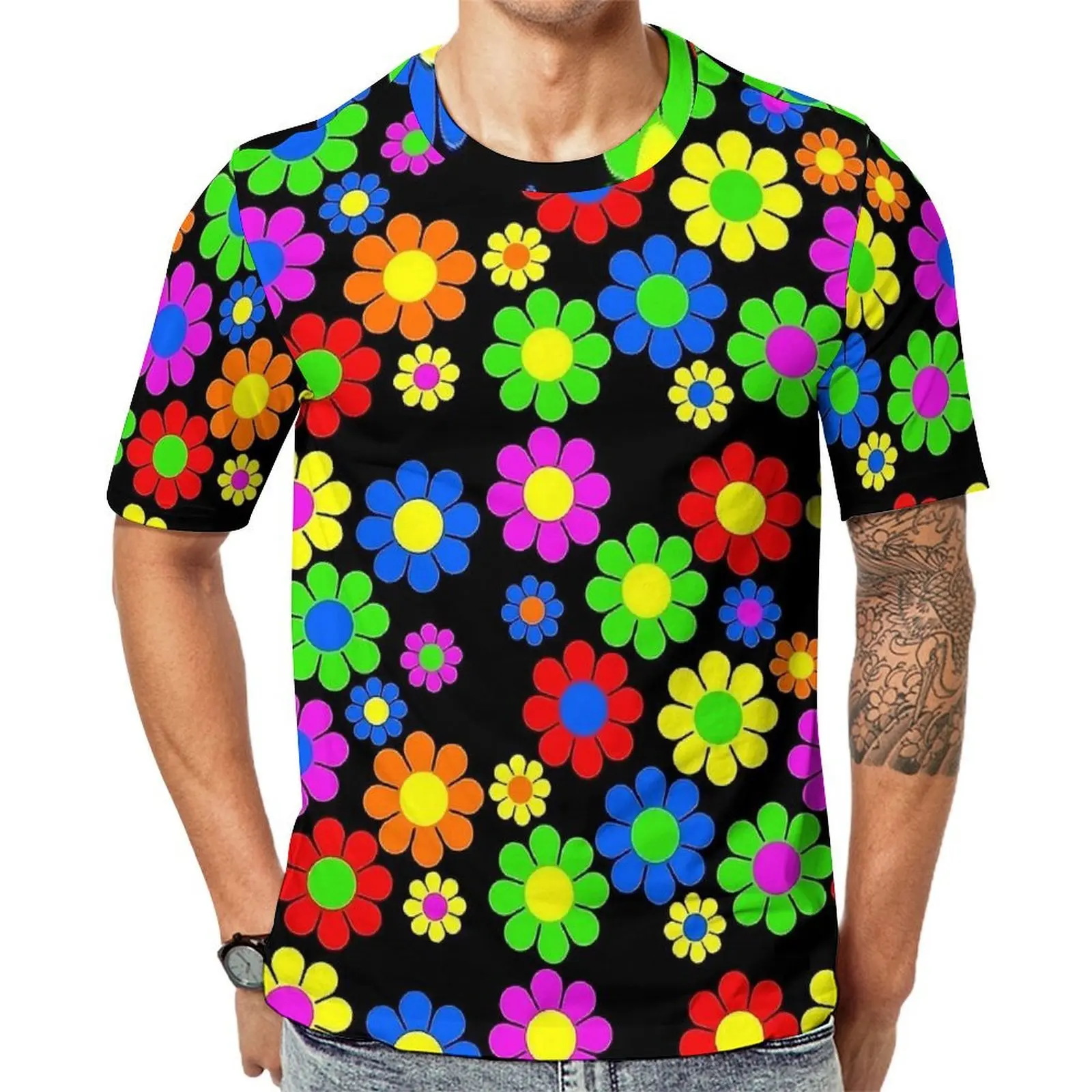 Plus Size T-Shirt Premium Flower Power T Shirts Daisy Floral Print Streetwear O-Neck Tshirt Men Vintage Graphic Tops