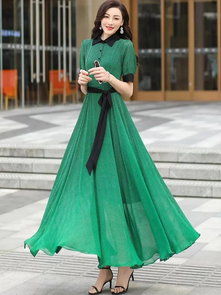 New Women Summer Green Plaid Chiffon Dress Fashion Contrast Color Turn-down Collar Short Sleeve Shirt Dress Elegant Long Dress