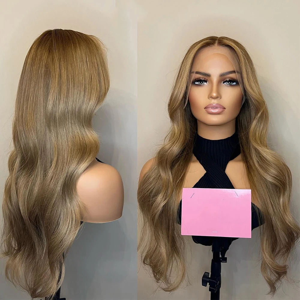 

Caramel Blonde Light Brown Roots Slight Wavy Human Hair Wigs HD Transparent Full Lace Wigs Glueless 13x6 Lace Front Wig 200%