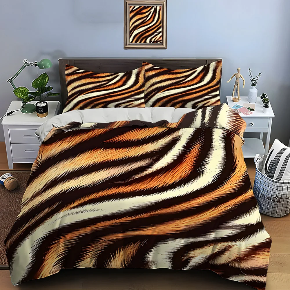 Close-up of tiger stripes Bedding Set for Kids Luxury Gift 3pcs Digital Print Comforter Set Soft Comfortable Breathable