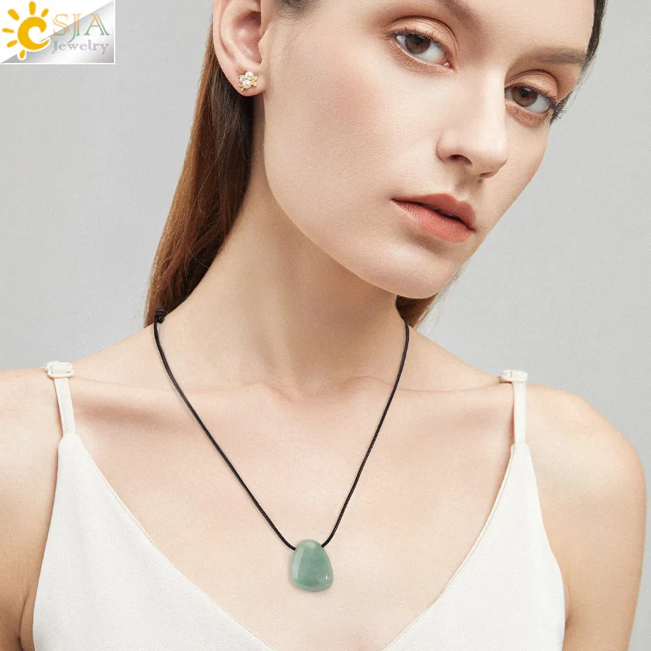 CSJA Natural Stone Nugget Pendant Necklace for Man Healing Crystal Amethysts Tiger eye Rhodonite Rose Quartz Charms Jewelry H551