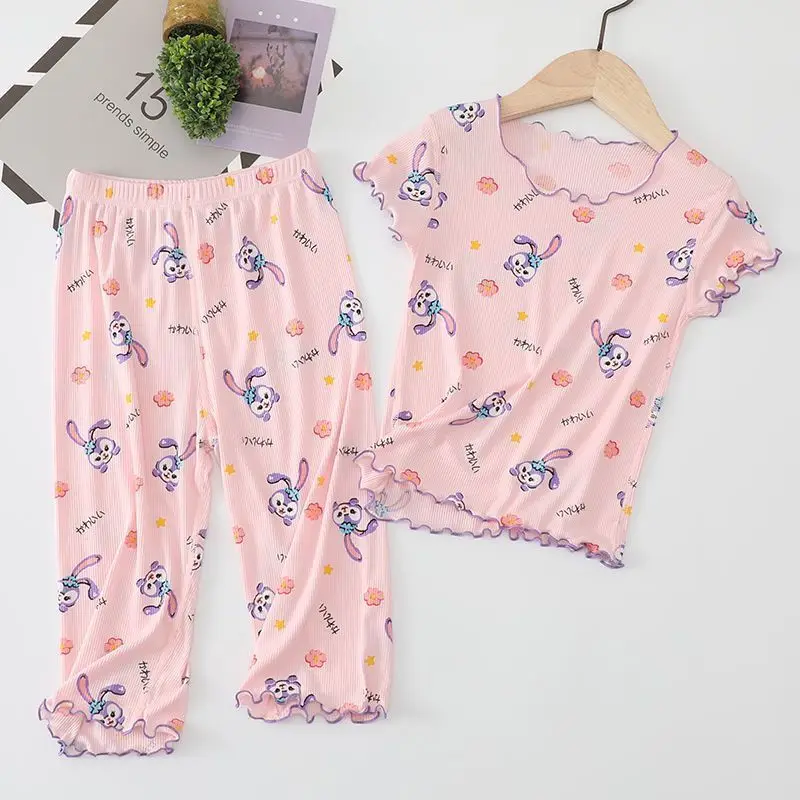 Girls' Sleepwear Children's Short Sleeved Set Summer Thin Air Conditioning Suit Baby Home Clothes Two-piece Set