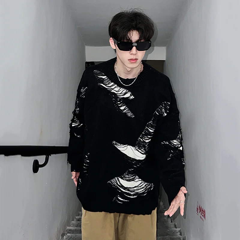 IEFB Korean Style Men's Sweaters Irregular Hole Round Collar Pullovers Autumn Male Knitting Top New Menswear 2024 24E2605