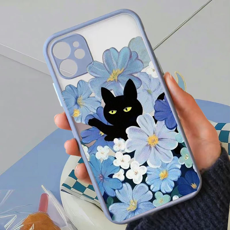 Lovely Black Cat Flower Hand Painted Phone Case For iPhone 14 15 Pro Max 13 11 12 Mini XS X XR SE 7 8Plus Shockproof Hard Cover