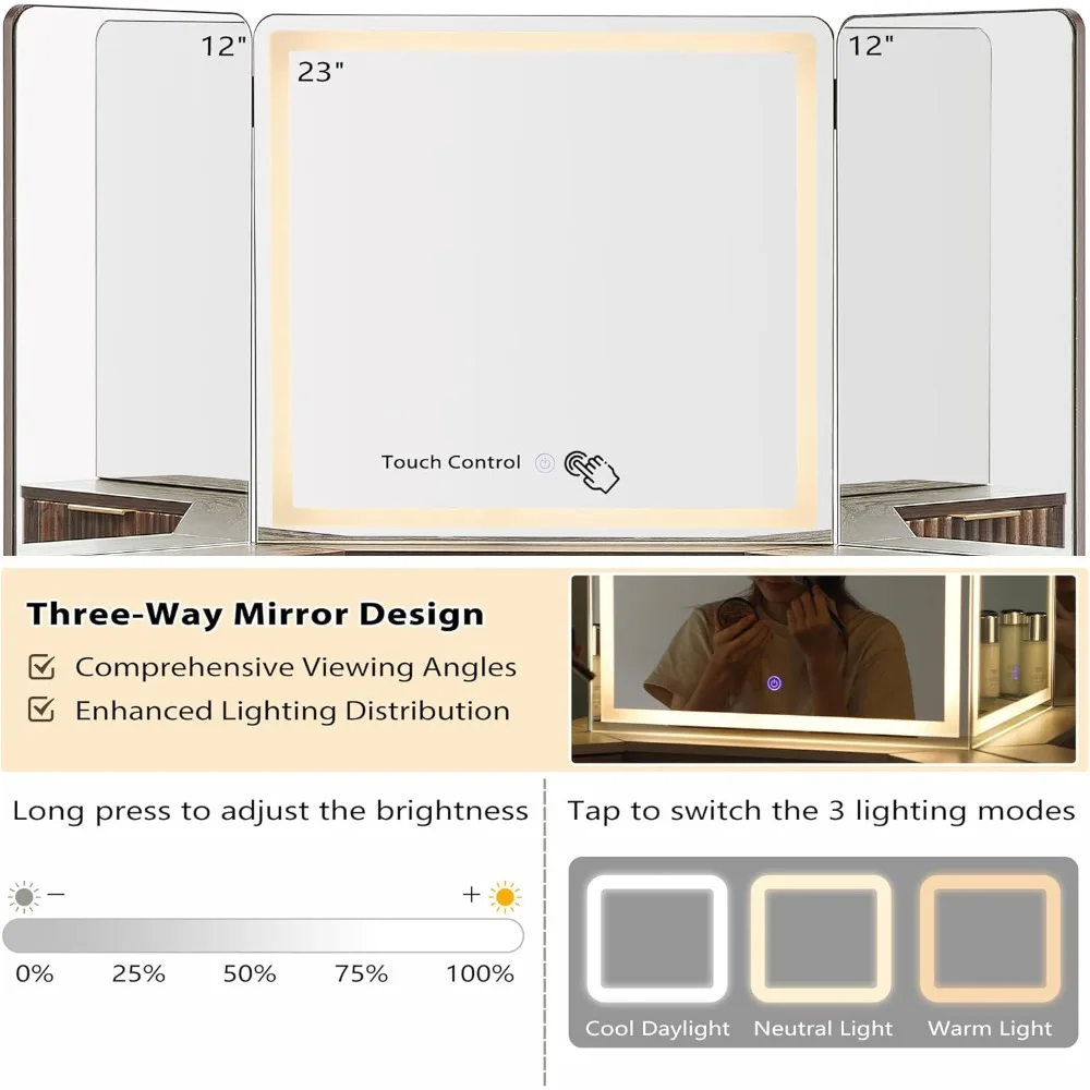 Mesa de canto de 48 polegadas com design canelado, espelho de 3 vias e iluminação integrada e estação de carregamento