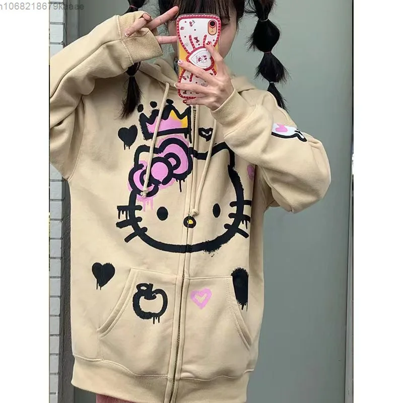 Sanrio Hello Kitty Amerikaanse Stijl Mode Cartoon Capuchon Rits Vest Vrouwen Nieuwe Losse Casual Veelzijdige Sweatshirt Met Capuchon