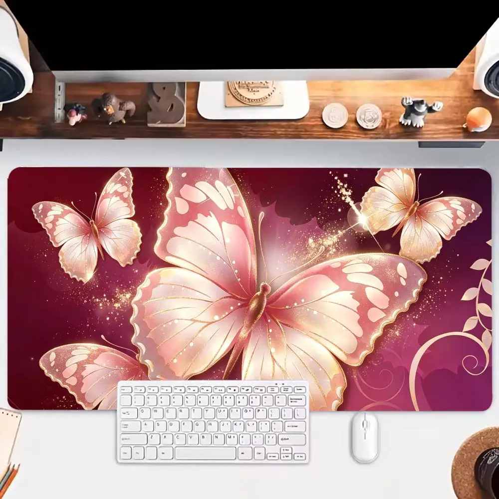 Luminous Silver Butterfly Starry Theme Mousepad Oversized Anti-Slip Gaming Playmat for Game Working Office Table