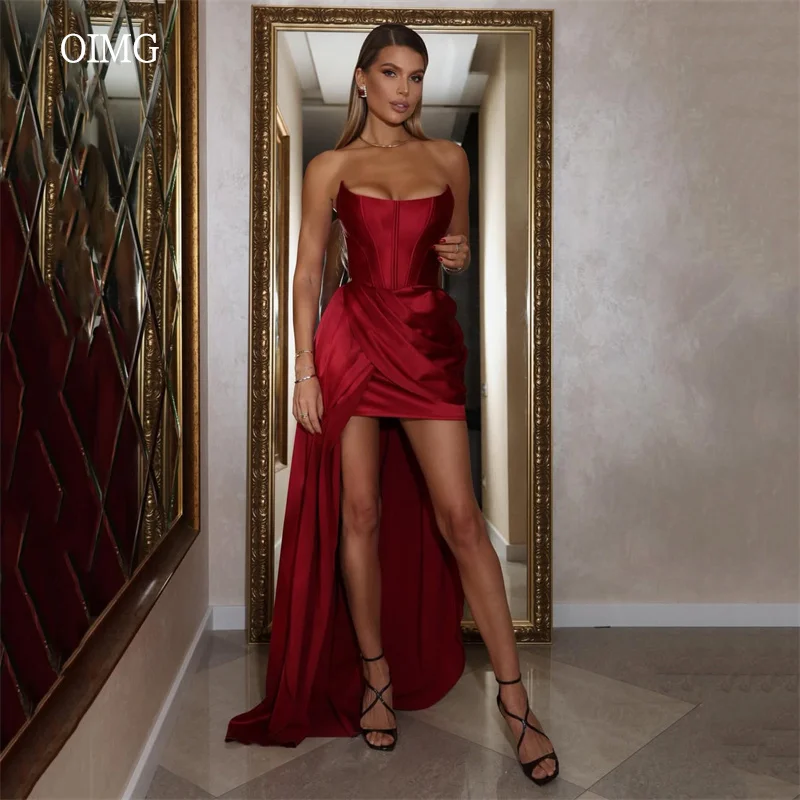 

OIMG Modern Red Strapless A Line Prom Gowns Satin Backless Party Gown Side Slit Floor Length Evening Dress 2026 Customized
