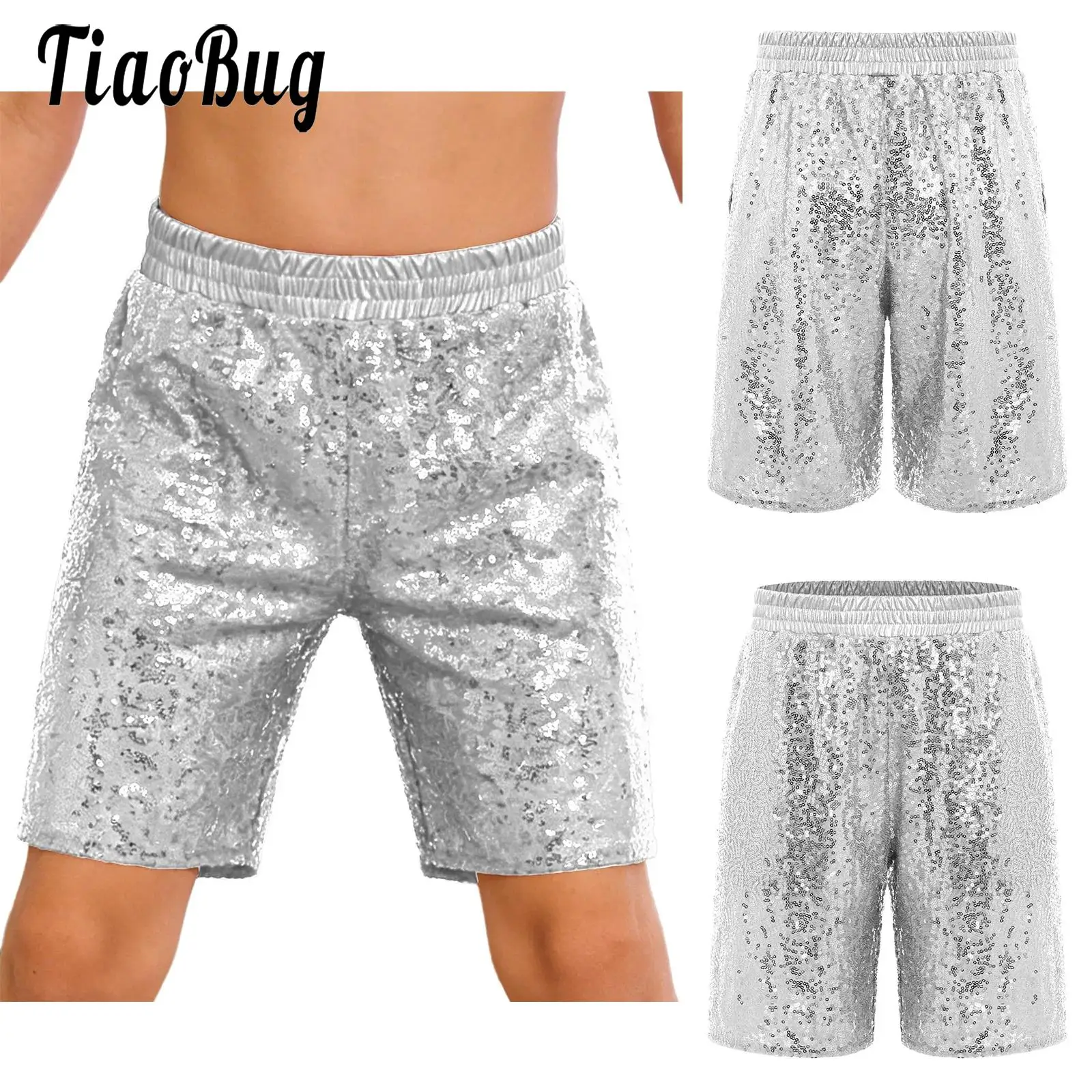 

Kids Boys Modern Street Dance Performance Costumes Disco Lining Shiny Sequins Shorts Elastic Waistband Pockets Shorts Dancewear