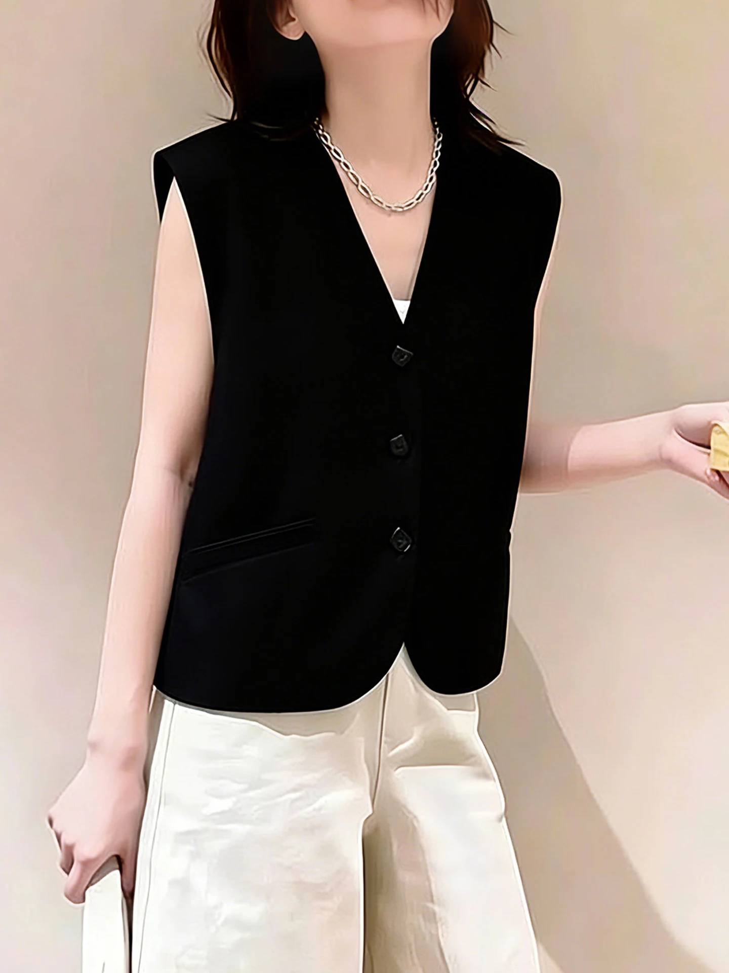 Versatile Black Sleeveless V-Neck Vest Fashionable Layering Piece Elegant Style Women's Outerwear Casual Chic Office Wear