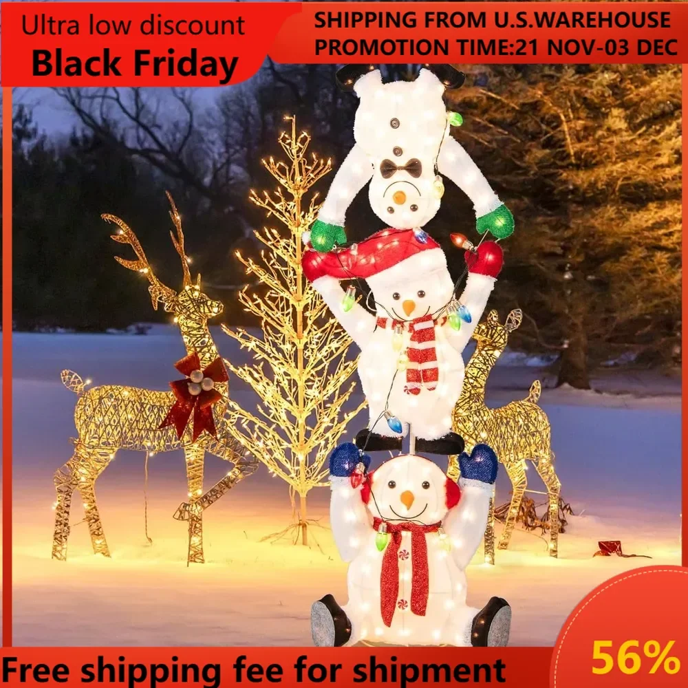 

5.6 FT Lighted Christmas Stacked Snowmen Decoration, Pre-Lit Snowmen Ornament with LED Lights, Light String, Outside Xm
