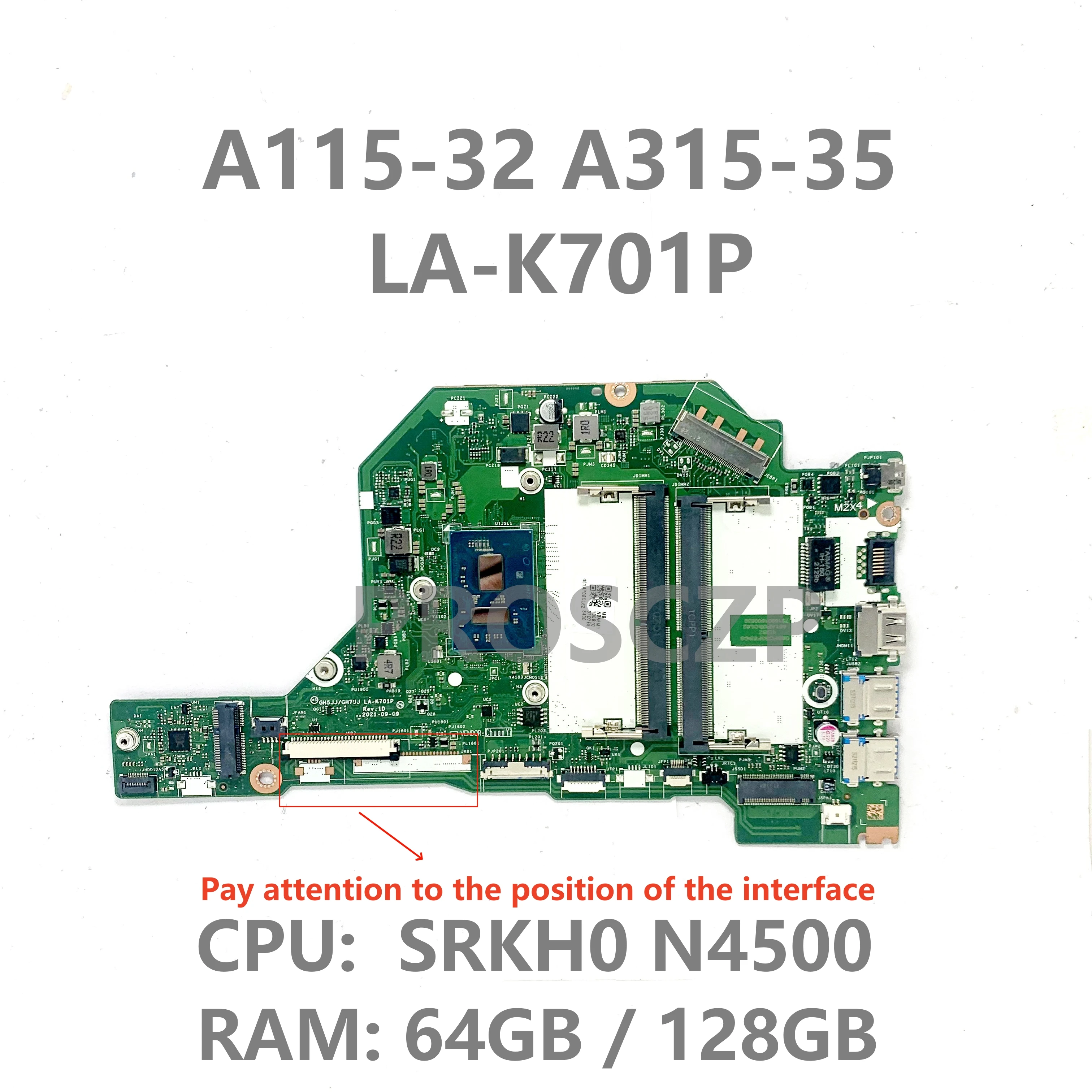 GH5JJ/GH711 LA-K701P For Acer Aspire A115-32 A315-35 Laptop Motherboard NBA6W11003 With SRKH0 N4500 CPU 100% Tested OK