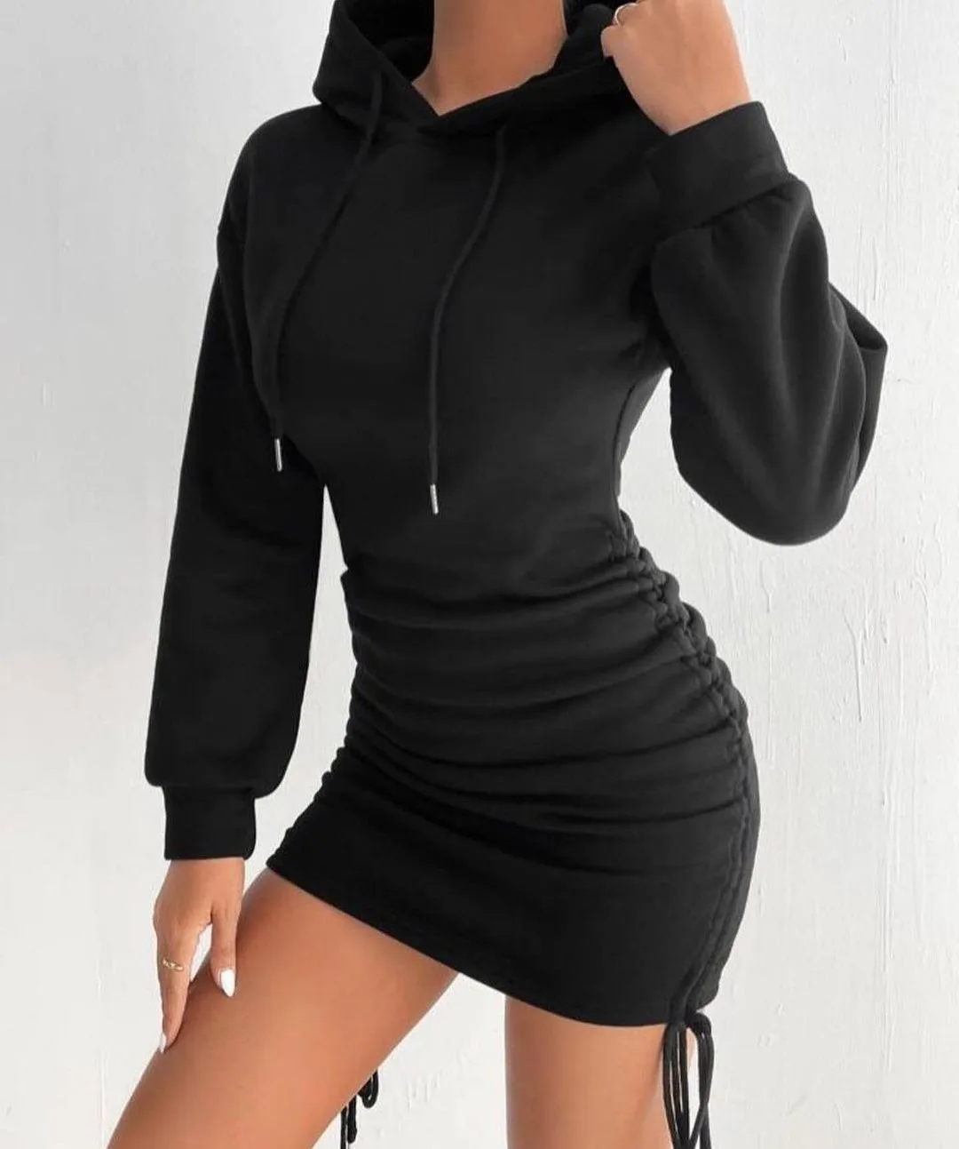 New Street Style Drawstring Design Hooded Hip Dress Women\'s Long Sleeve Sweatshirt Dresses