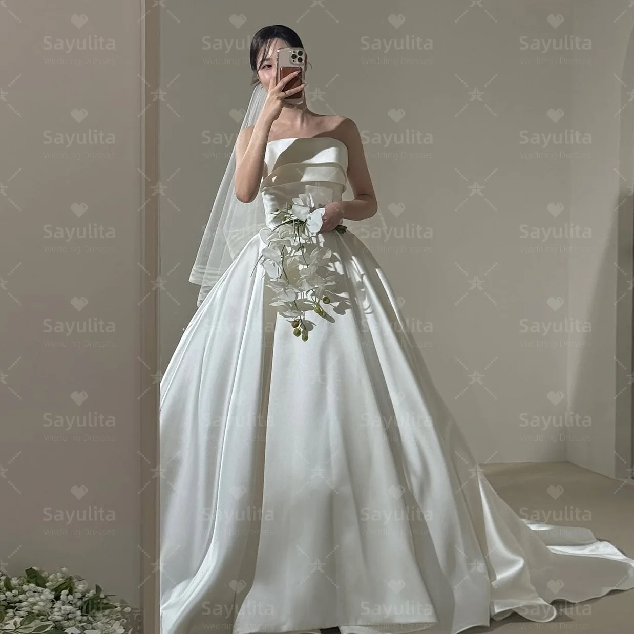 

Sayulita 웨딩드레스 Многоуровневые свадебные платья без бретелек 2025 Длинные атласные платья принцессы с рюшами Корея Одежда для девочек Торжественное банкетное платье по индивидуальному заказу