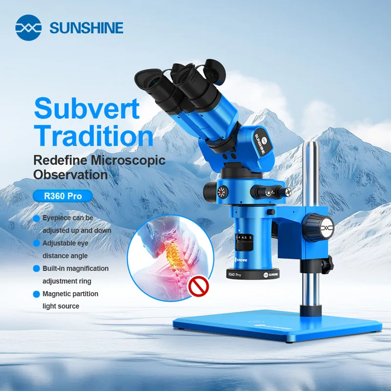 SUNSHINE R360 PRO Electronic Trinocular Microscope Tools Integrated 7-58X Continuous Coverage 4KHD Zoom Rotatable Vision