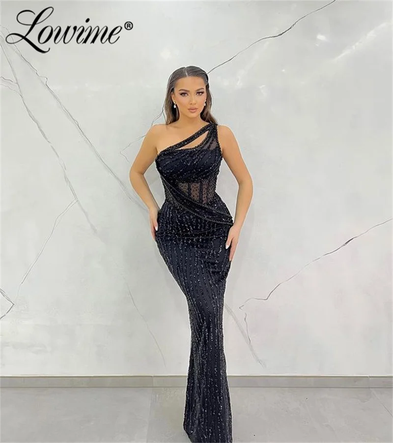 Black Beaded Sequined One Shoulder Party Dress 2024 Customize Mermaid Birthday Prom Dresses Robes De Soirée Arabic Evening Gowns