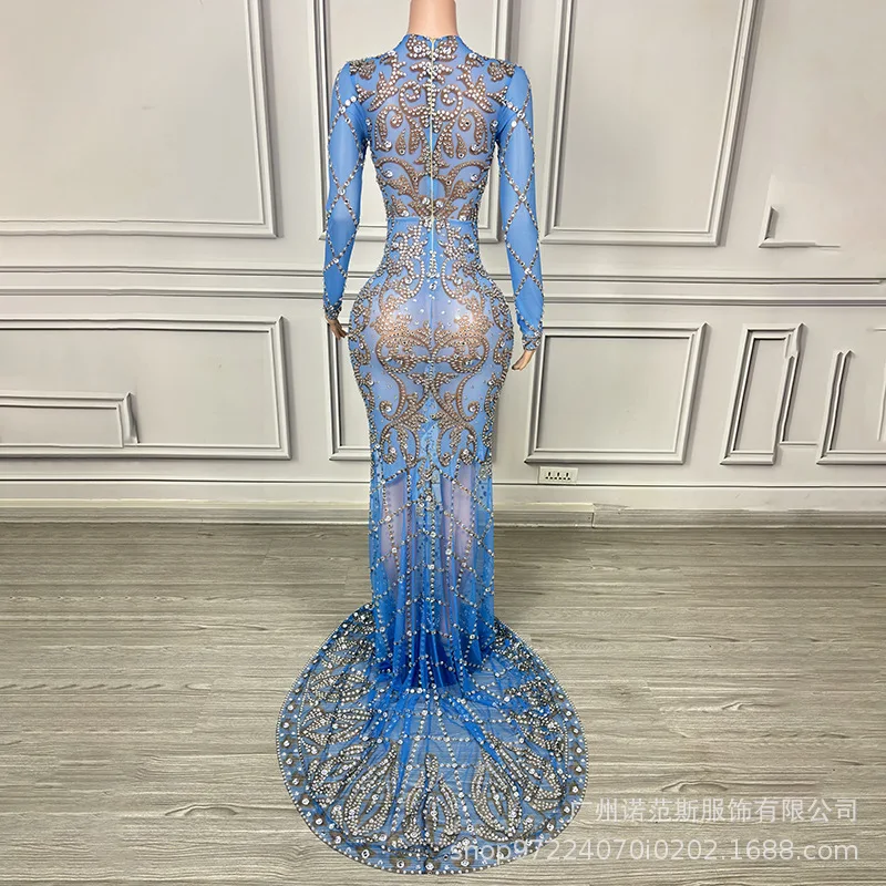 Niebieska Sukienka Wieczorowa z Głębokim Dekoltem w Serek, Prześwitująca Siateczka, Elegancka, na Urodziny, Koktajl, Bal, Spotkanie Firmowe, Sukienka dla Gospodyni, Vestido Festas