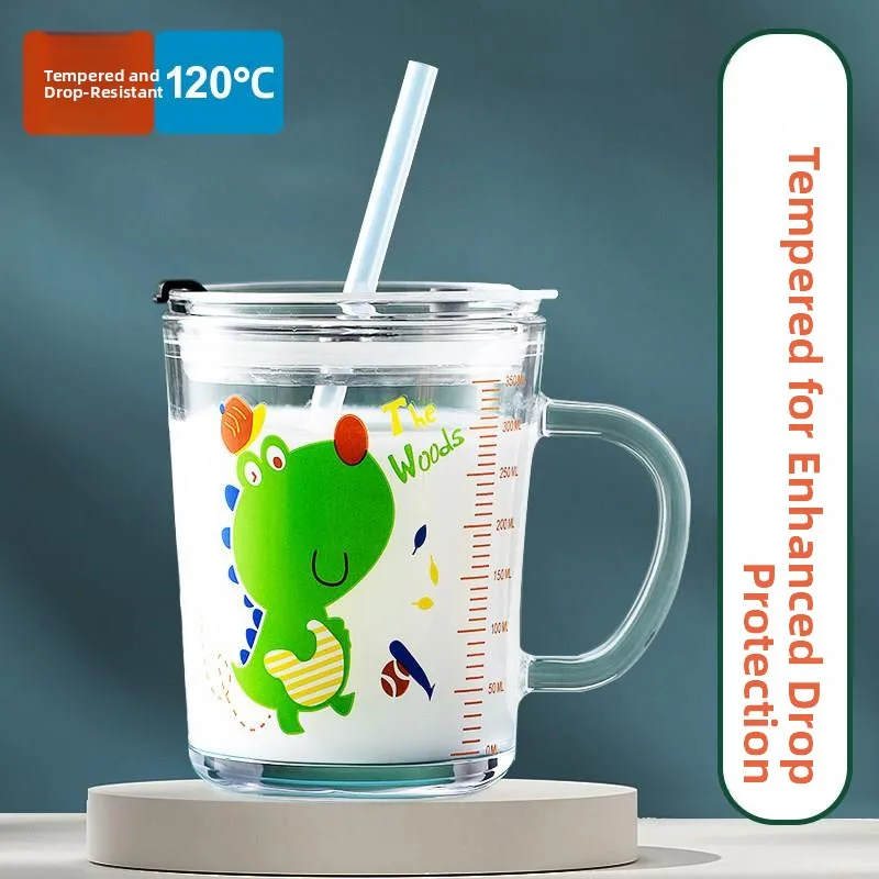 Tempered Glass Cup for Children Home Use Water Cup with Straw Milk Cup Heat Resistant Scale Milk Drinking Powder Anti Drop