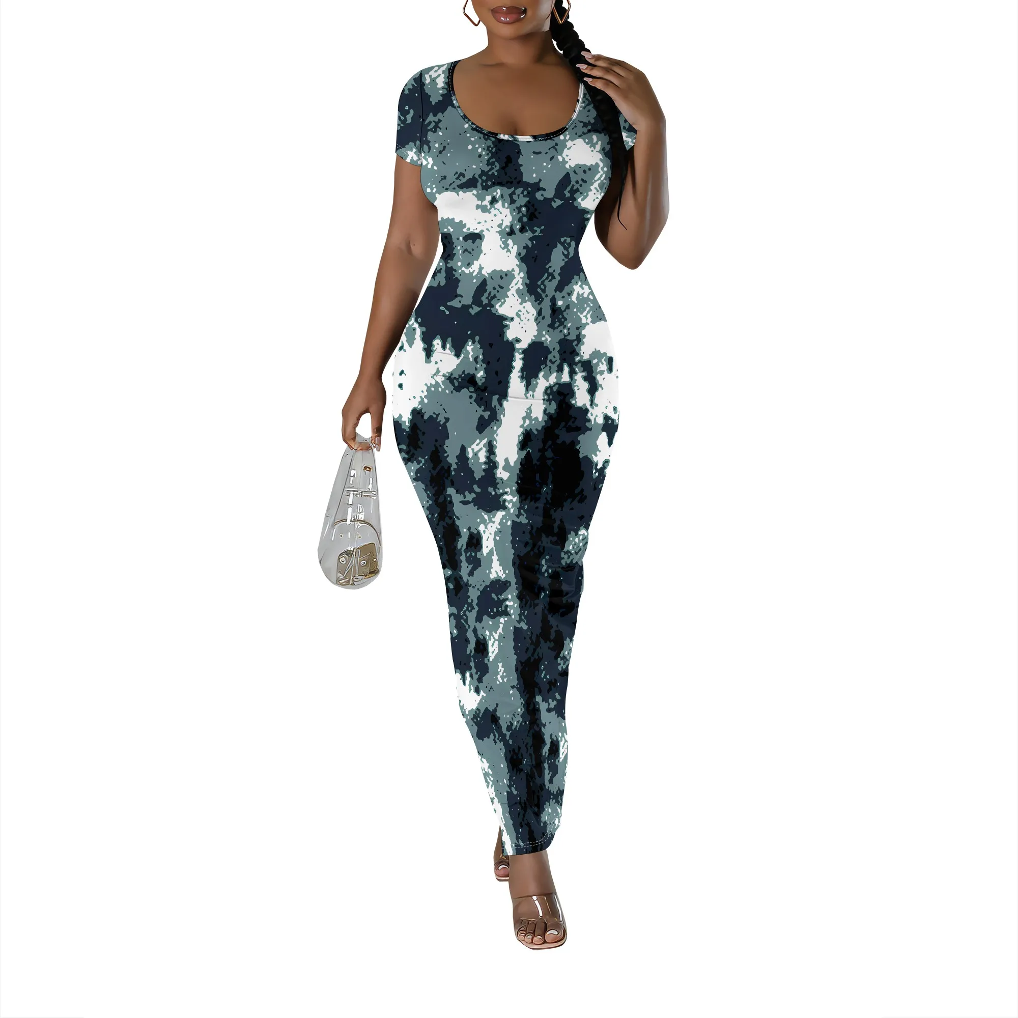 Dark Camo Tie Dye Print Slim Maxi Vestido Manga Curta Moda Casual Roupas de Férias de Verão
