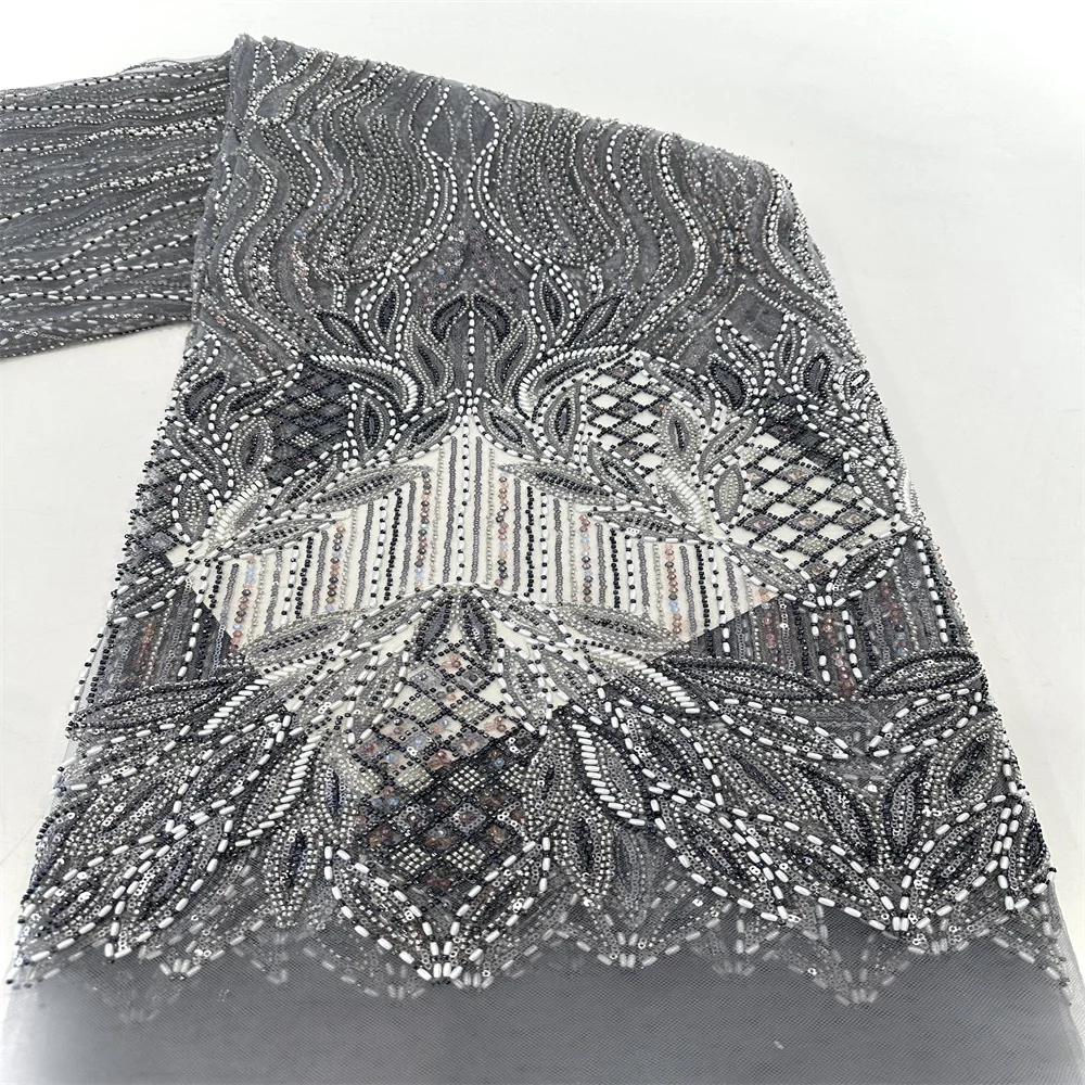 

African Sequins Lace Fabric 2024 5Yards High Quality French Nigerian Groom Beaded Lace Fabric For Sewing Dress Wedding Party