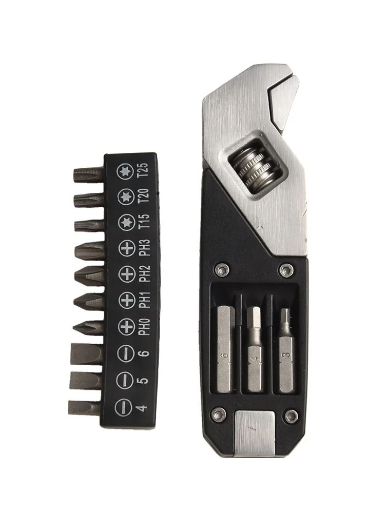 

1set Stainless Steel Adjustable Wrench Foldable Pocket Multi Tool Multifunctional Spanner Screwdriver Bits Hand Tools ﻿