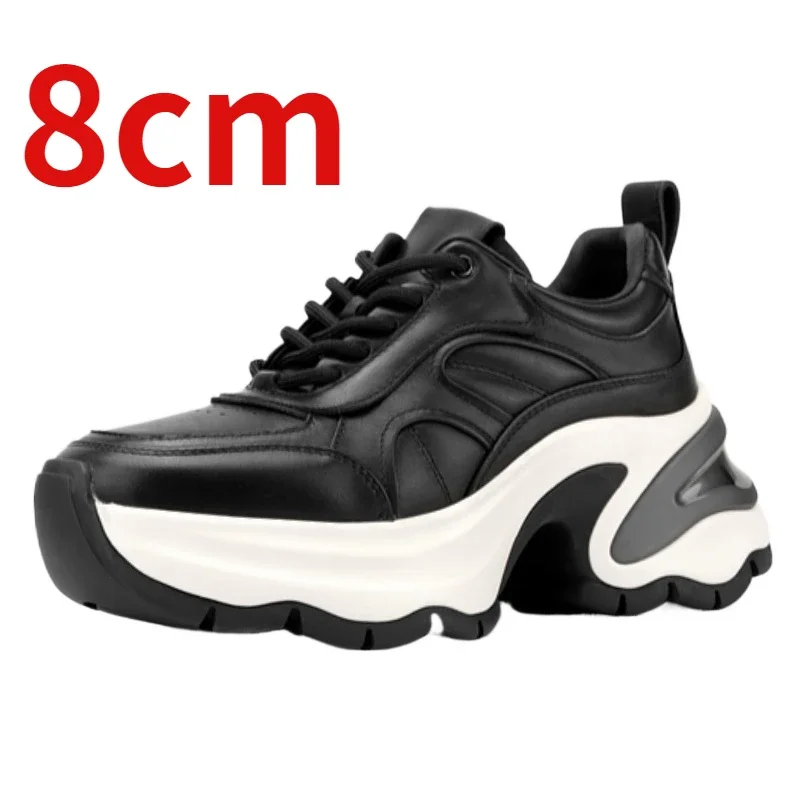 Thick Soled Dad Shoes for Women's Increase 8cm Autumn New Genuine Leather Height Increasing Shoes Breathable Casual Sports Shoes