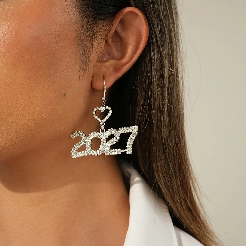 Jewelry Elegant 2027 Digital Earrings Rhinestone Long Drop Happy New Year Earrings Shiny Fashion Stud Earrings Christmas